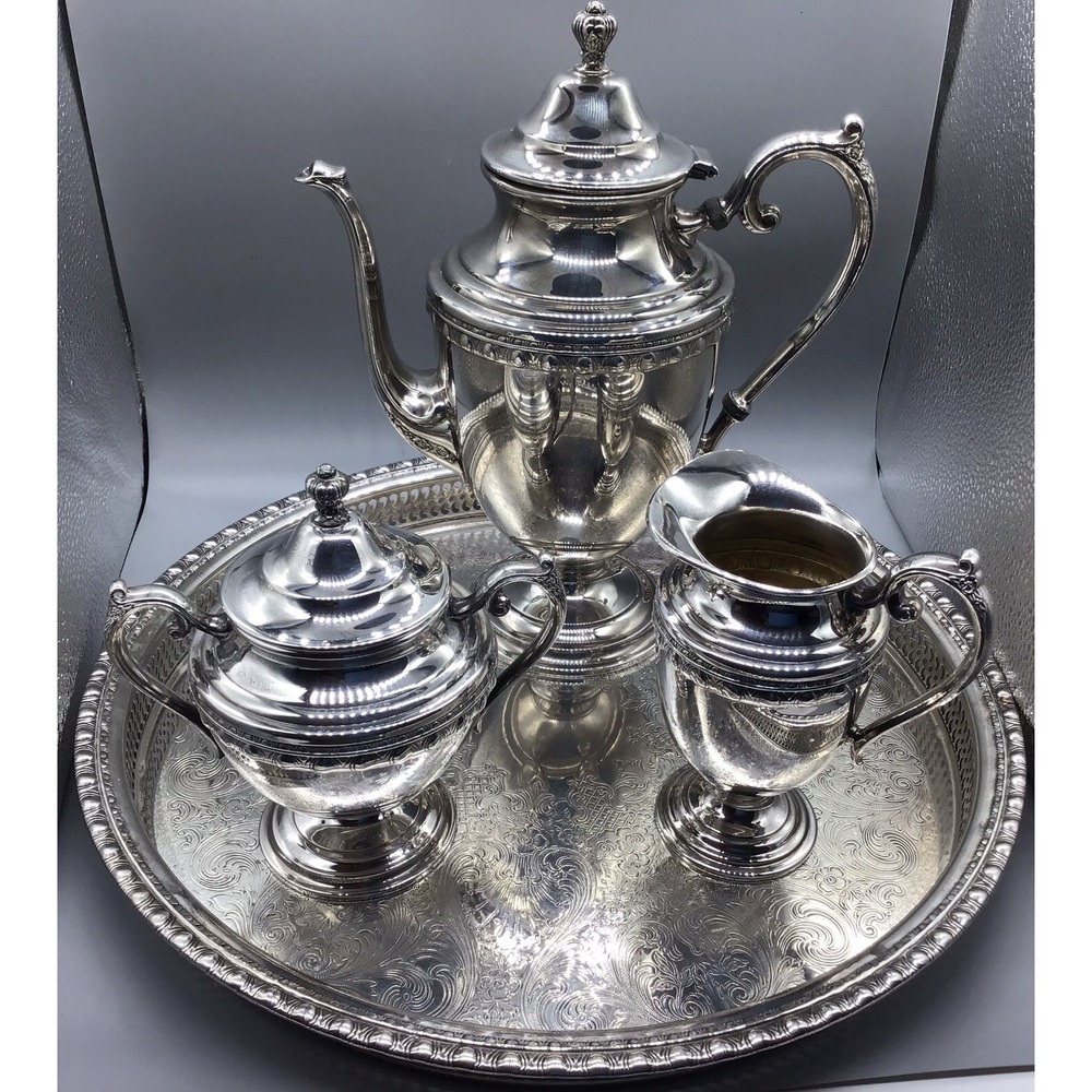 Vintage Wm‎ Roger & Bros, 4 Pc Coffee Serving Set w/ Round Plater, Dent On Pot